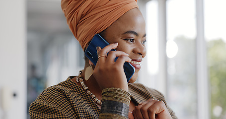 Image showing Business, black woman and smartphone for typing, social media and connection in office. Female entrepreneur, African American leader and ceo with phone for conversation, coffee and search internet