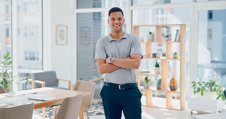 Image showing Executive, businessman and arms crossed in office with face, smile or vision for success, goal or happiness. Happy business leader, finance expert or focus on goals, dream or innovation in New York