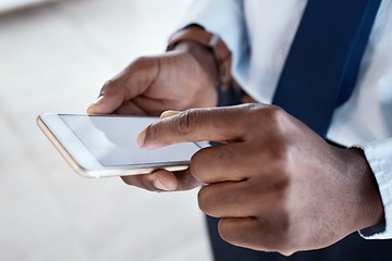 Image showing Hands, phone screen and black man in office with typing, communication and texting on chat app. Businessman, smartphone and reading on iot ux, schedule or planning for start to morning in workplace