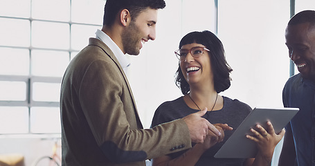 Image showing Digital tablet, office and team working on a corporate project together while in discussion. Technology, planning and group of business people doing research for a company report with a mobile device