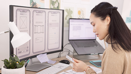 Image showing Woman, developer and wireframes with technology in design, planning or strategy at the office. Creative female designer working with layouts by computer for app development or project plan at work