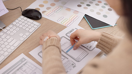 Image showing Phone, app and planning with the hands of a woman in business working on software development in her office. Design, creative and strategy with a female employee at work on a smartphone application