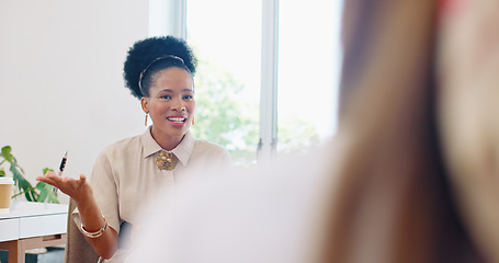 Image showing Business women, teamwork or diversity meeting on paper or documents review in coaching or training feedback. Smile, happy or talking speaker in leadership workshop, collaboration or strategy planning