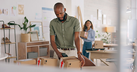 Image showing Packaging, fashion and delivery box people with online shop business for e commerce, supply chain and logistics industry. Retail, stock management and supplier with clothes cardboard boxes in office