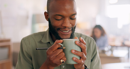 Image showing Man smell coffee, cup and aroma for inspiration while working, design and planning in startup. Creative black man, cafe and fragrance of drink to start morning at graphic design business in Atlanta