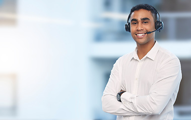 Image showing Call center, mockup and smile with portrait of man for customer support, telemarketing and communications. Consulting, happy and sales with employee and arms crossed for help desk, advisory and crm