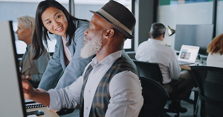 Image showing Business, manager training employee and conversation for system process, schedule and office. Black man, Asian woman and discussion for new trainee, intern and talking for online analysis and leader.