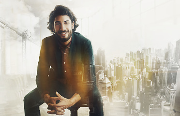 Image showing City double exposure, business man portrait and architect with a smile from success and work innovation. Architecture, ceo and businessman with buildings overlay with leadership idea and thinking