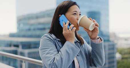 Image showing Business woman, phone call and coffee in city, talking or chatting. Face, cellphone and female employee from Singapore drinking tea while speaking or networking with contact on 5g mobile smartphone.
