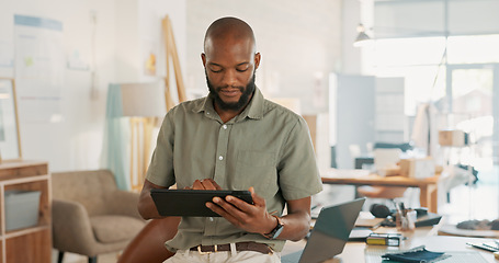 Image showing Tablet, office and business black man with digital marketing, company asset management and startup career. Commerce, technology and businessman entrepreneur, boss or manager in a work smile portrait