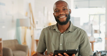 Image showing Tablet, office and business black man with digital marketing, company asset management and startup career. Commerce, technology and businessman entrepreneur, boss or manager in a work smile portrait