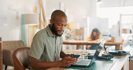 Image showing Strategy, laptop and business people meeting in office talking, in conversation and brainstorming ideas. Teamwork, businessman and woman in workplace working on marketing project in startup company