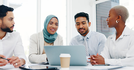 Image showing Laptop, diversity or business people planning in office for marketing strategy, web SEO growth or research. Teamwork, happy or manager on tech for collaboration, social media or KPI documents review