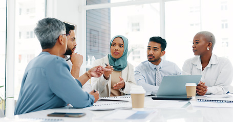 Image showing Laptop, diversity or business people planning in office for marketing strategy, web SEO growth or research. Teamwork, happy or manager on tech for collaboration, social media or KPI documents review