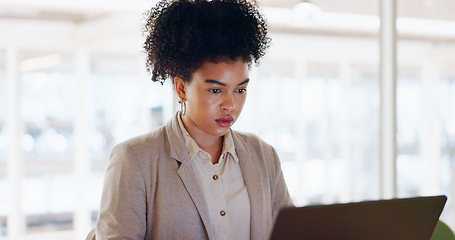 Image showing Laptop, corporate or business woman for thinking of invest strategy, finance growth or financial networking. Tech, email or manager in office planning, data analysis or economy data analytics review