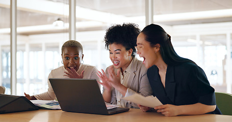 Image showing Corporate, women and applause with laptop, achievement and teamwork for project success, business deal and workplace. Team, staff and female employees clapping for new contract and digital marketing