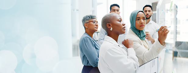 Image showing Leadership, writing or business people with sticky notes for planning marketing SEO calendar, vision or mission. Teamwork, diversity or business woman in meeting for data analysis or strategy review