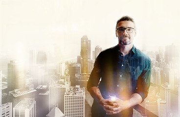 Image showing Businessman, portrait smile and city in double exposure with serious career ambition, goals or success. Confident male architect employee smiling for idea or architecture buildings on overlay