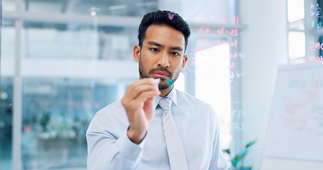 Image showing Thinking, strategy and serious businessman writing on glass wall with thoughtful analysis in office. Brainstorming, planning and vision of corporate worker with focus, concentration and idea.