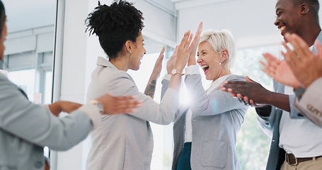 Image showing High five, team and support with business people and success, celebrate winning and solidarity with teamwork. Diversity, celebration and collaboration with happy employee group, applause and winner.