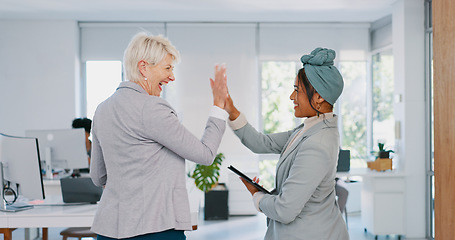 Image showing Senior, CEO and worker high five for support, team work or sales goals at a digital agency business office. Smile, women winning or happy employees with motivation, vision or mission for success