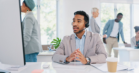 Image showing Customer service, call center and man consulting in office workplace. Crm, customer support and telemarketing worker, sales agent or happy male consultant talking, networking or communication at desk