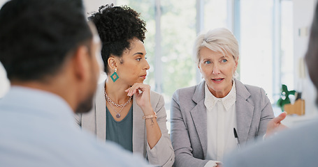 Image showing Teamwork, documents and women in business meeting for planning, strategy and marketing report. Collaboration, management and professional workers in discussion with paperwork, review and proposal