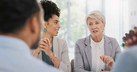 Image showing Business people, teamwork and discussion in meeting in office boardroom. Company, planning and group collaboration of employees brainstorming sales, advertising or marketing strategy in workplace.