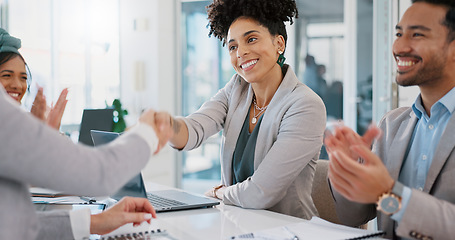 Image showing Success, handshake or happy black woman meeting company kpi goals, sales target or bonus achievement. Shaking hands, b2b deal or excited employees with applause for a worker winning a business deal