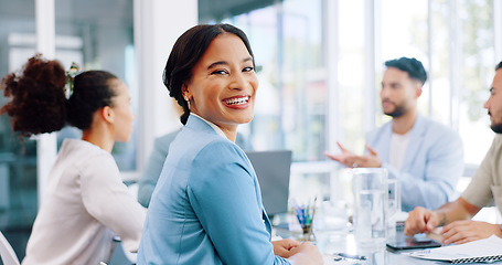 Image showing Happy business woman, portrait or internship in office meeting, boardroom training or diversity teamwork collaboration. Smile, corporate or opportunity in global finance company or strategy planning