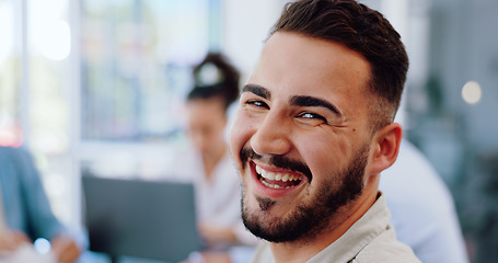 Image showing Laughing businessman, portrait and collaboration in office meeting, boardroom intern and diversity teamwork. Zoom, smile or happy employee in global finance opportunity and company strategy planning