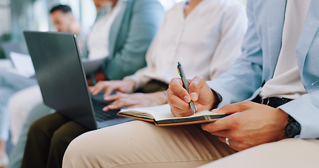 Image showing Recruitment, row and business people writing in notebook for hiring, job interview or work opportunity. Human resources, onboarding and candidates sitting with book, typing on laptop and write notes