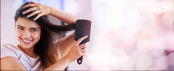 Image showing Beauty, woman with brush in portrait with hair care, mockup space and smile with grooming, hairstyle and face. Keratin treatment, routine and happy young female, bokeh and styling with glow