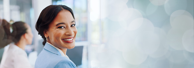 Image showing Happy woman, portrait or internship in office meeting, boardroom training or diversity teamwork collaboration. Smile, corporate or business opportunity in global finance company or strategy planning