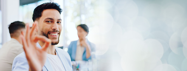 Image showing Perfect, happy and portrait of a businessman with a hand in a meeting for success, planning and ok. Smile, seminar and face of an employee with an emoji sign for a deal, agreement or support