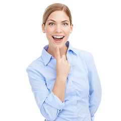 Image showing Happy portrait, business woman and excited while isolated on white background for promotion announcement. Face of a female entrepreneur for wow, surprise sale or startup opportunity advertising