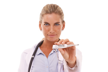 Image showing Woman, doctor and holding thermometer for healthcare, checkup or medical examination against a white studio background. Portrait of female health specialist or expert with temperature stick for test