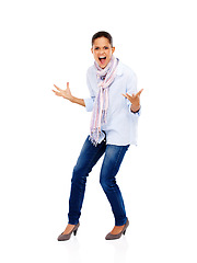 Image showing Angry, frustrated and scream portrait of a woman with stress screaming about work isolated. White background, model and business employee screaming and standing with anger gesture and studio mockup