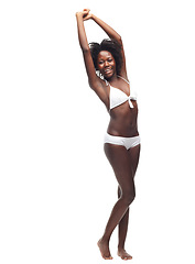 Image showing Black woman, underwear and happy for body beauty, summer fitness exercise and skincare motivation. African model, smile and skincare wellness, body positivity and cosmetics dermatology in bikini