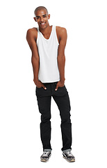 Image showing Black man, happiness and fashion portrait of a model with isolated, full body and white background. Hands in pockets, smile and happy person feeling cool and stylish alone in studio with mock up