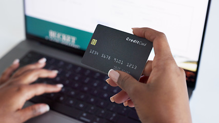 Image showing Ecommerce, credit card and typing on laptop while doing online shopping with fintech technology with closeup of woman hands. Paying bills, order and internet banking with secure wifi connection