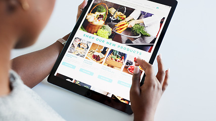 Image showing Social media, food and blog by woman influencer on digital tablet, checking homepage design and layout. Health, diet and female nutritionist posting health tips vegan trends, searching online content