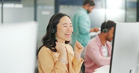 Image showing CRM, woman or Asian customer service applause for success telemarketing consultant, support or communication. Happy sale advisor, winner or call center for office deal, consulting or customer support