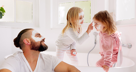 Image showing Father, girl kids and face mask in bathroom in for comic bonding, smile and happy together for skincare. Happy, dad and daughter children with cream, facial and beauty for skin with funny happiness