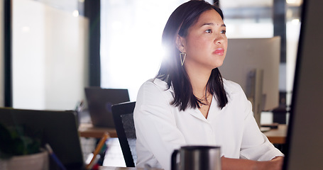 Image showing Business, computer and asian woman planning, typing and working online for company administration, research ideas and web analytics. Focus employee at desktop, internet technology and email in office