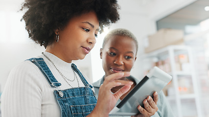 Image showing Business women with digital tablet for a brainstorming, strategy and teamwork meeting in the office. Happy, diversity and corporate marketing professional using technology while talking and planning