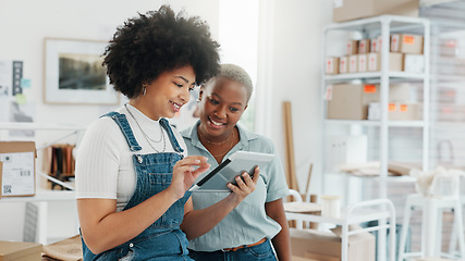 Image showing Shopping company, ecommerce logistics or business women on tablet with planning digital stock or cargo shipping delivery. Warehouse, supply chain or black woman consulting or learning from manager