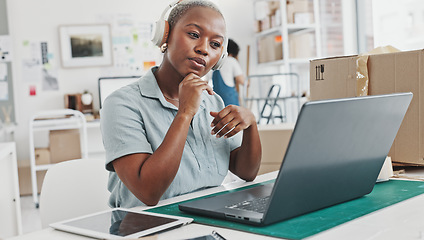 Image showing Small business owner, woman and laptop video call to customer, clients and virtual communication webcam in startup. Black female entrepreneur talking ecommerce service, online logistics and meeting