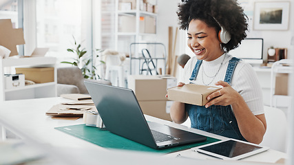 Image showing Ecommerce worker and laptop music with headphones for organisation concentration in office. Logistics, planning and communication woman for delivery schedule online with cargo distribution.