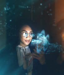 Image showing Black woman, tech overlay and global business on phone at night for research and cybersecurity. Iot future 3d hologram in workplace for person networking and cloud computing big data mockup space